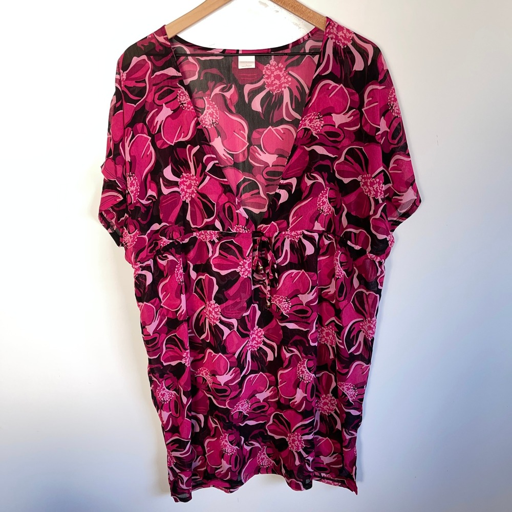 Merona Women S Pink Floral Print Sheer‎ Swim Cover Up Tunic Size L